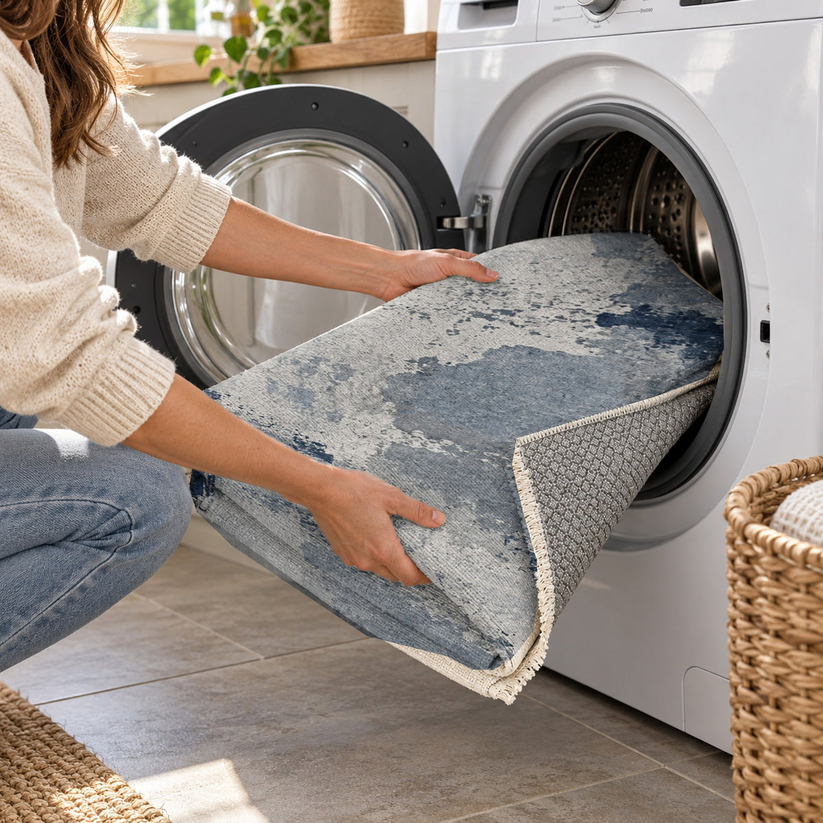 Earth Pigment Blue Grey Abstract Washable Rug — washing machine