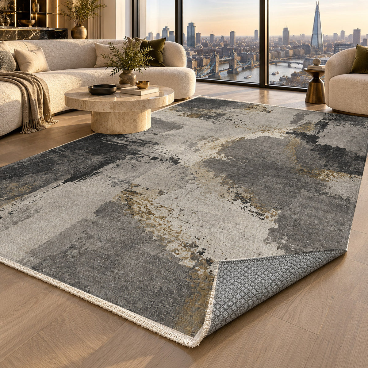 Earth Pigment Charcoal Gold Abstract Washable Rug — london luxury living