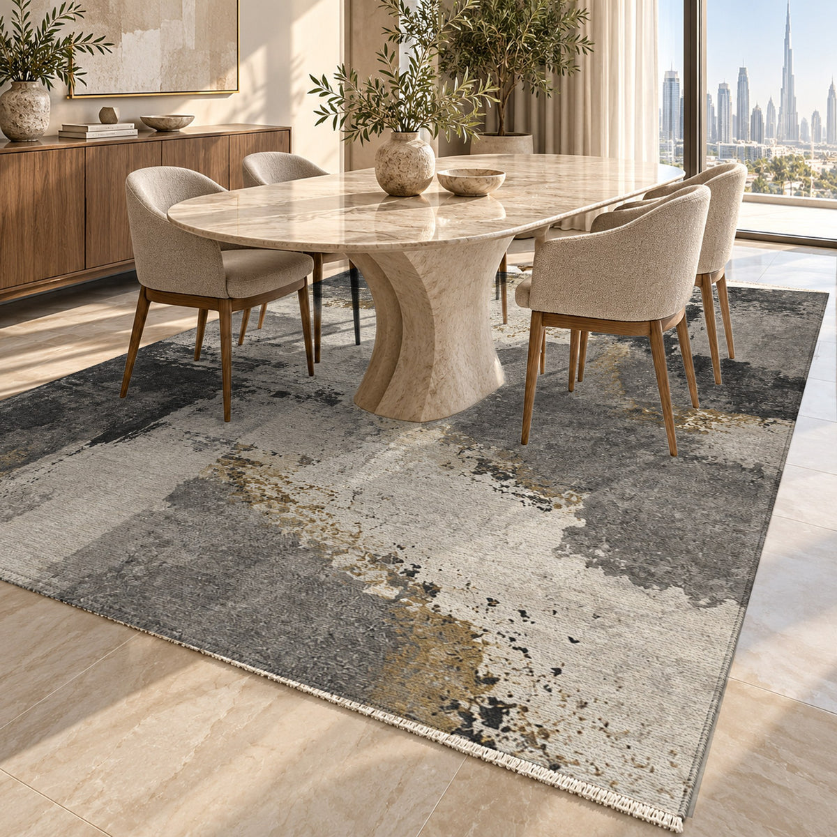 Earth Pigment Charcoal Gold Abstract Washable Rug — dubai dining
