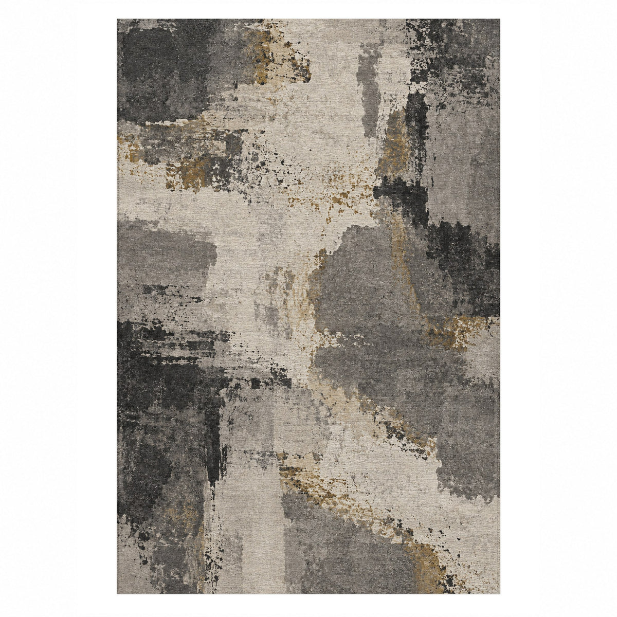 Earth Pigment Charcoal Gold Abstract Washable Rug — top view