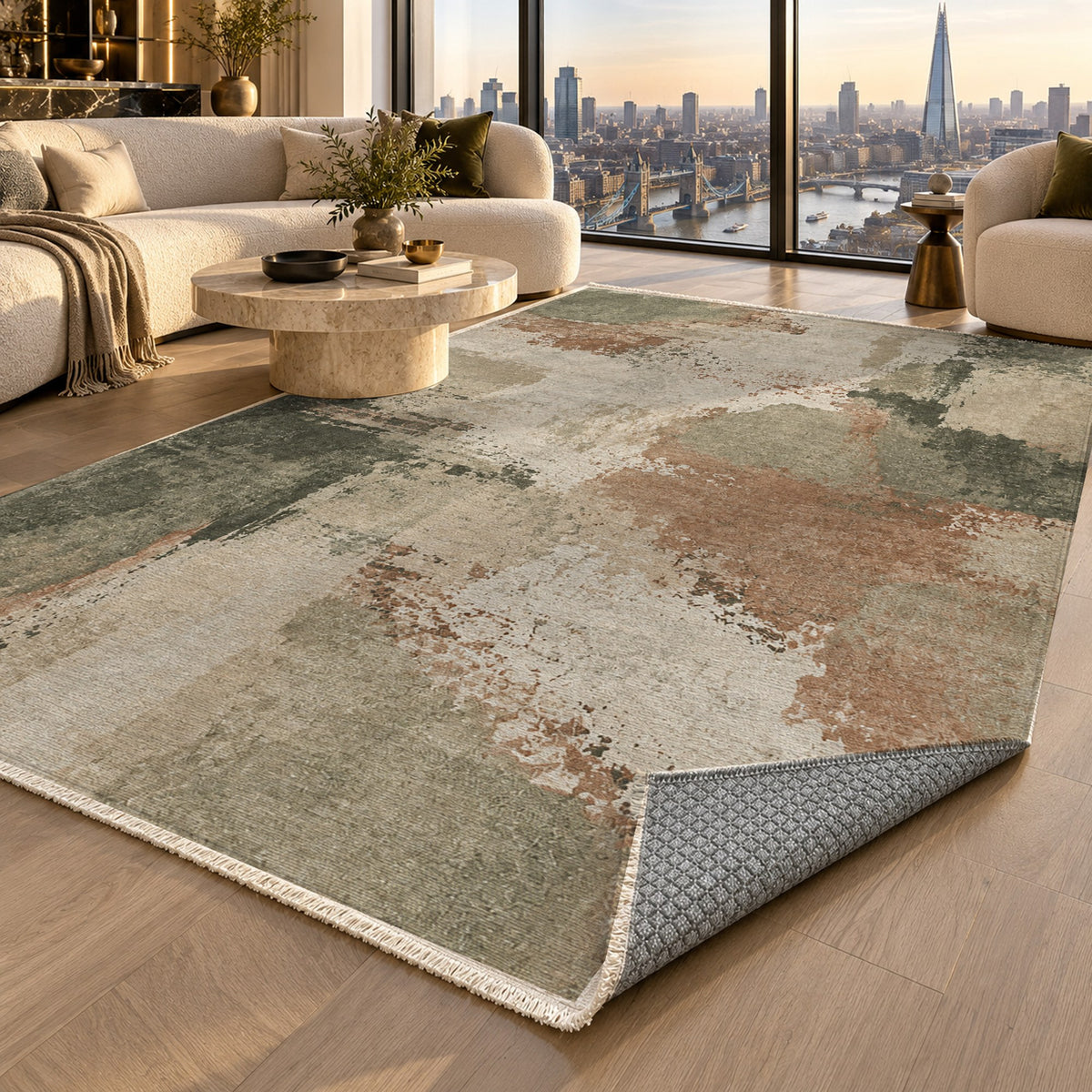 Earth Pigment Sage Clay Abstract Washable Rug — london luxury living