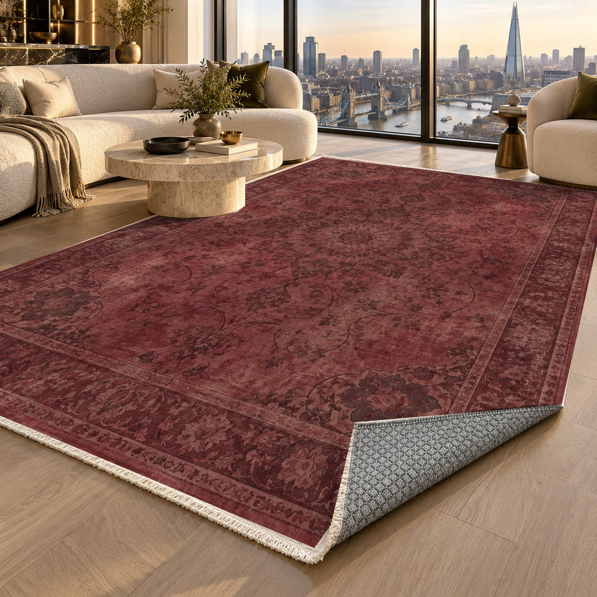 Erased Isfahan Burgundy Red Vintage Washable Rug — london luxury living