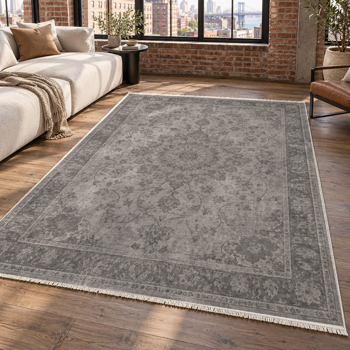 Erased Isfahan Charcoal Silver Vintage Washable Rug — new york living