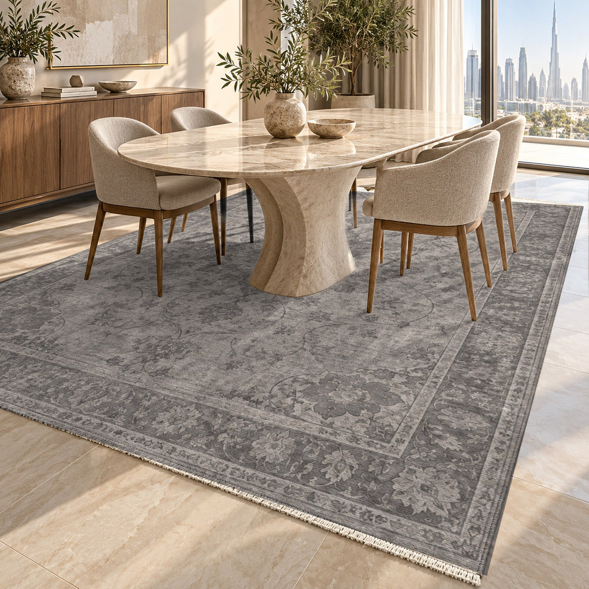 Erased Isfahan Charcoal Silver Vintage Washable Rug — dubai dining