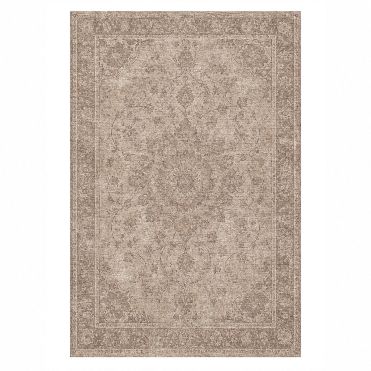 Erased Isfahan Ivory Taupe Vintage Washable Rug — top view