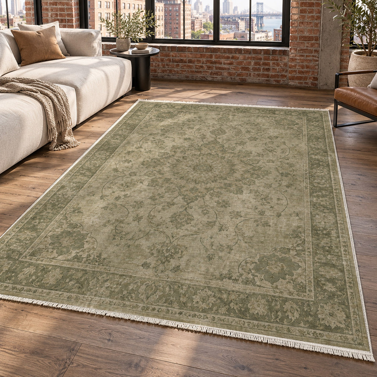 Erased Isfahan Olive Green Vintage Washable Rug — new york living