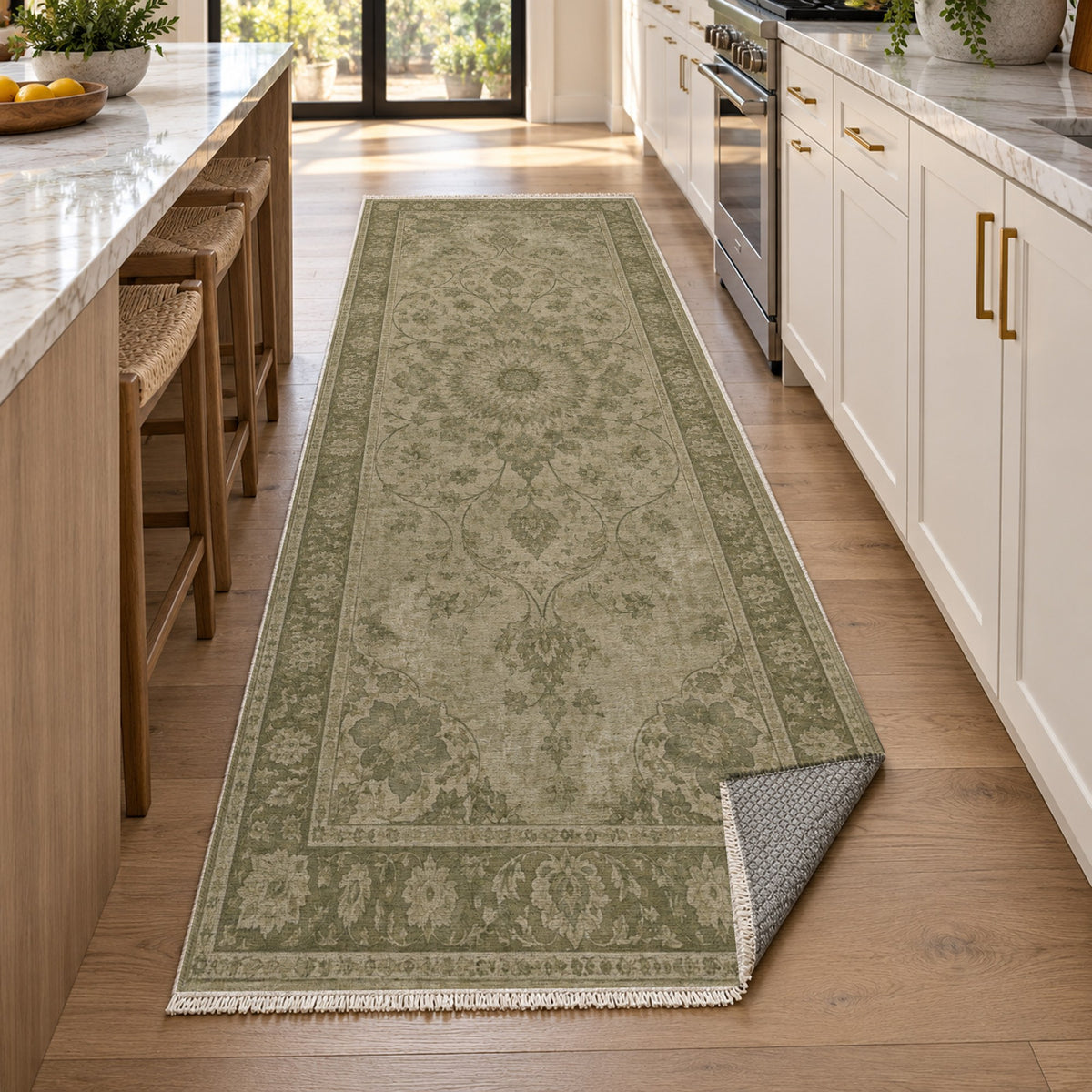 Erased Isfahan Olive Green Vintage Washable Rug — new york kitchen runner
