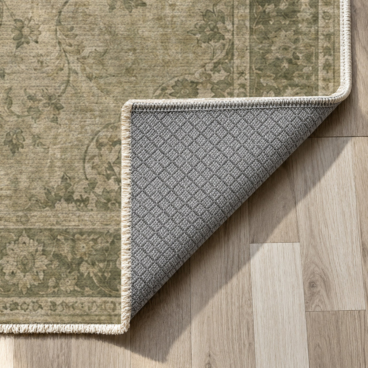 Erased Isfahan Olive Green Vintage Washable Rug — backing close up