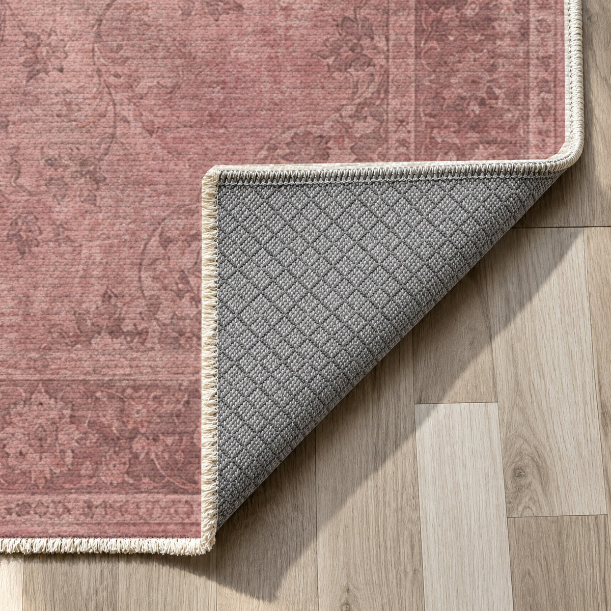 Erased Isfahan Rose Pink Vintage Washable Rug — backing close up