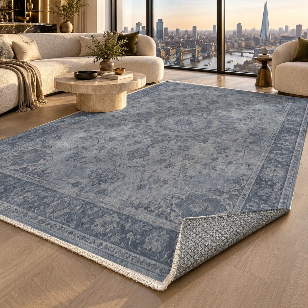 Erased Isfahan Slate Blue Vintage Washable Rug — london luxury living