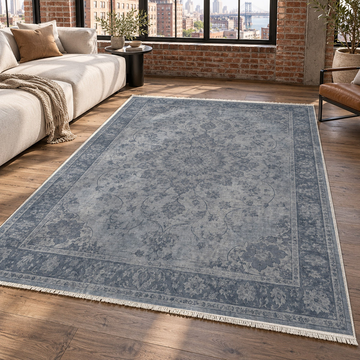Erased Isfahan Slate Blue Vintage Washable Rug — new york living