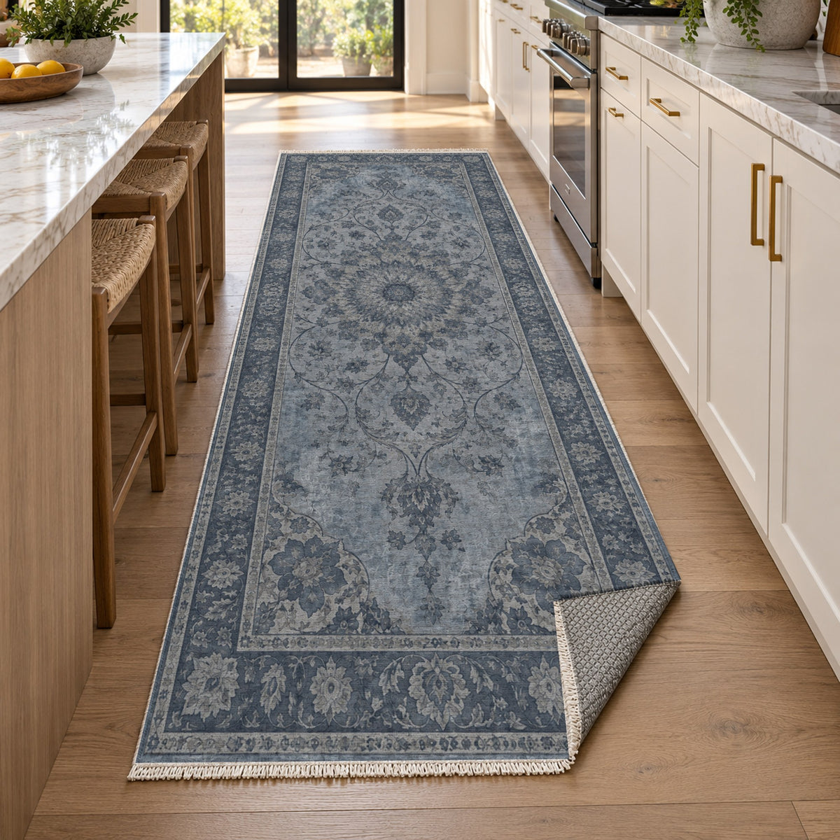Erased Isfahan Slate Blue Vintage Washable Rug — new york kitchen runner