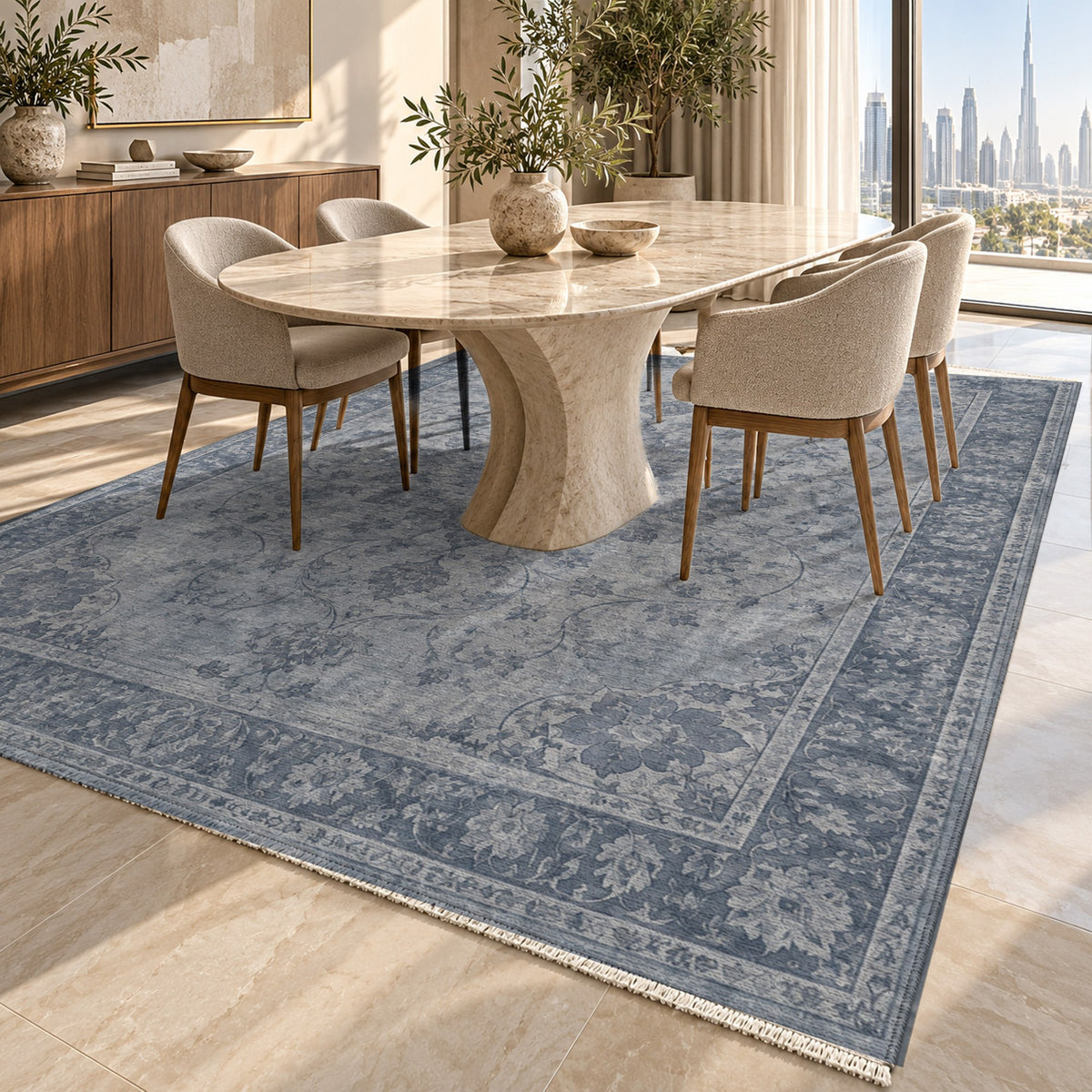 Erased Isfahan Slate Blue Vintage Washable Rug — dubai dining
