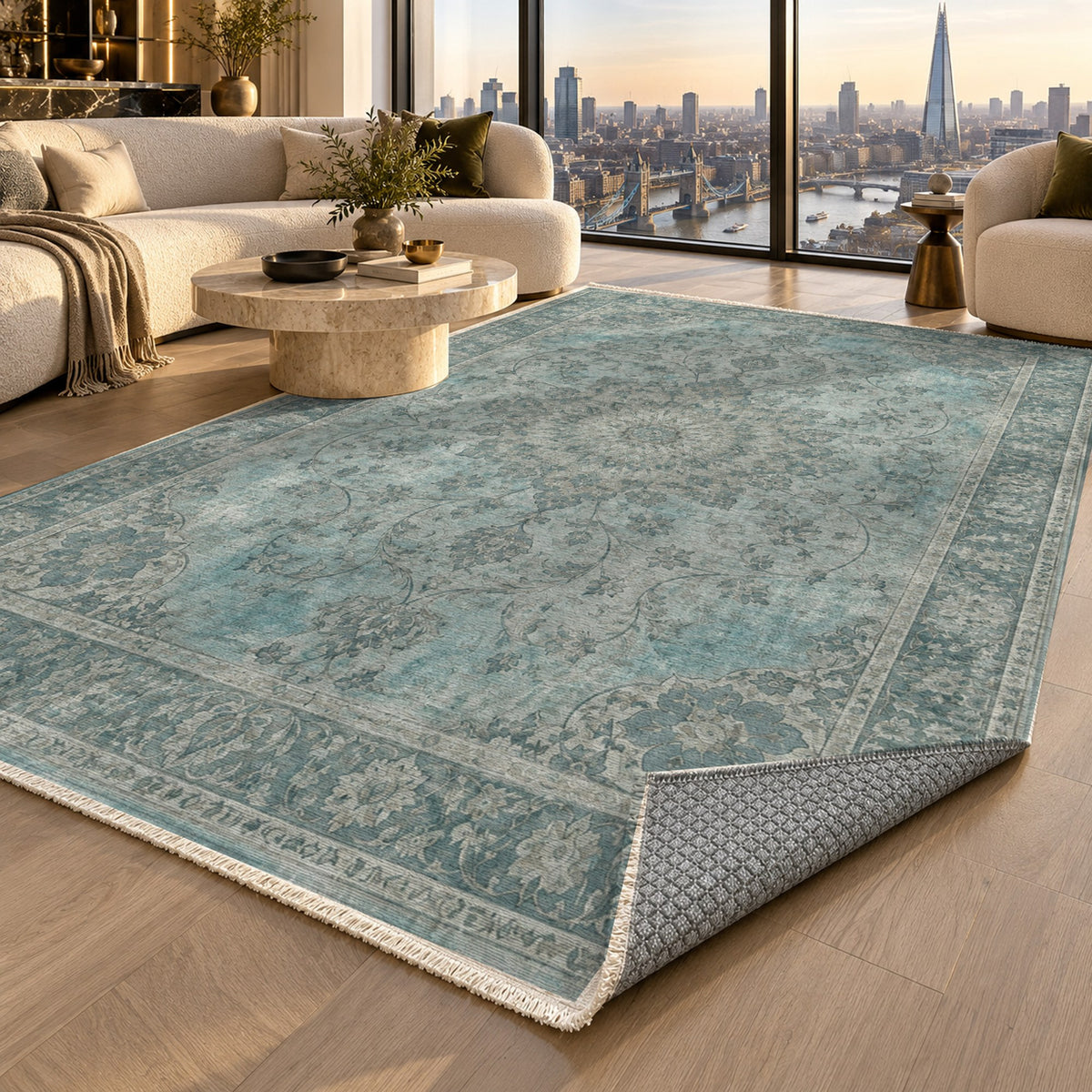 Erased Isfahan Turquoise Blue Vintage Washable Rug — london luxury living