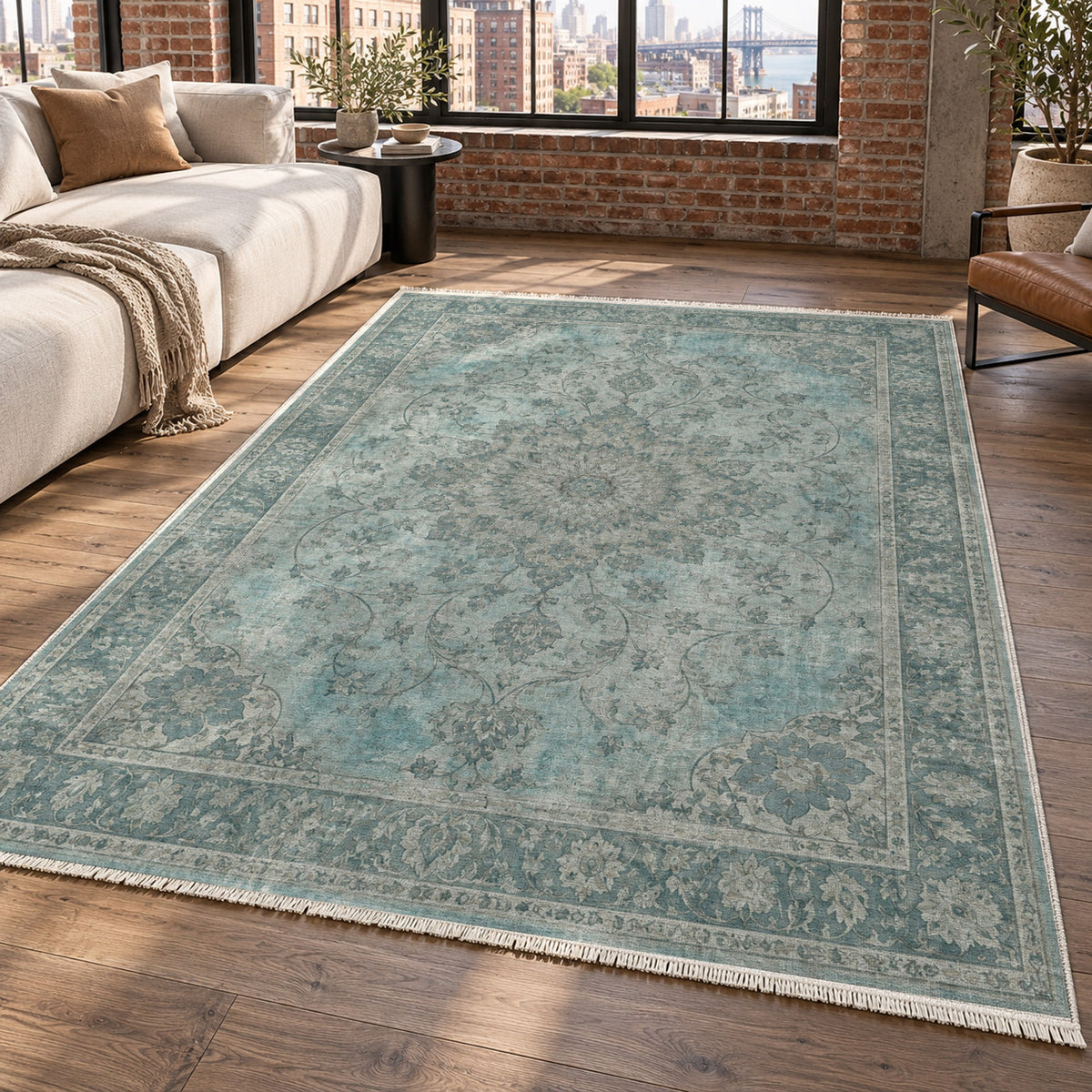 Erased Isfahan Turquoise Blue Vintage Washable Rug — new york living