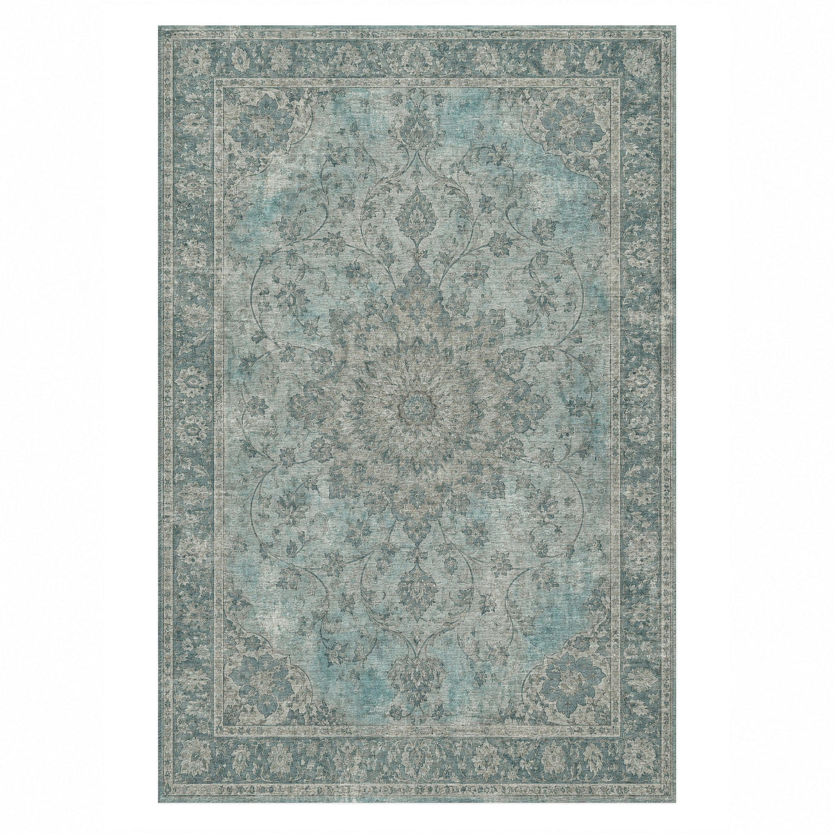 Erased Isfahan Turquoise Blue Vintage Washable Rug — top view