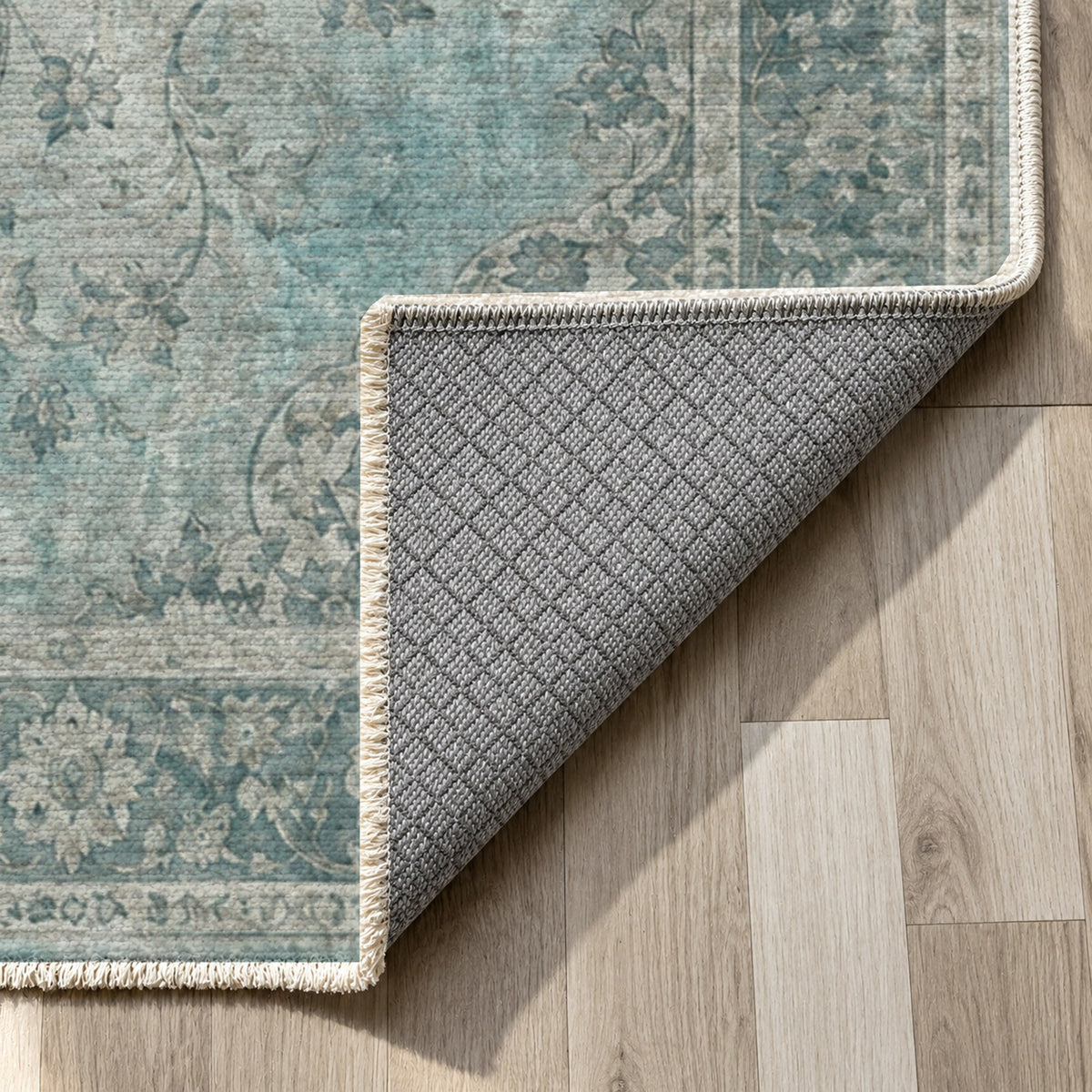 Erased Isfahan Turquoise Blue Vintage Washable Rug — backing close up
