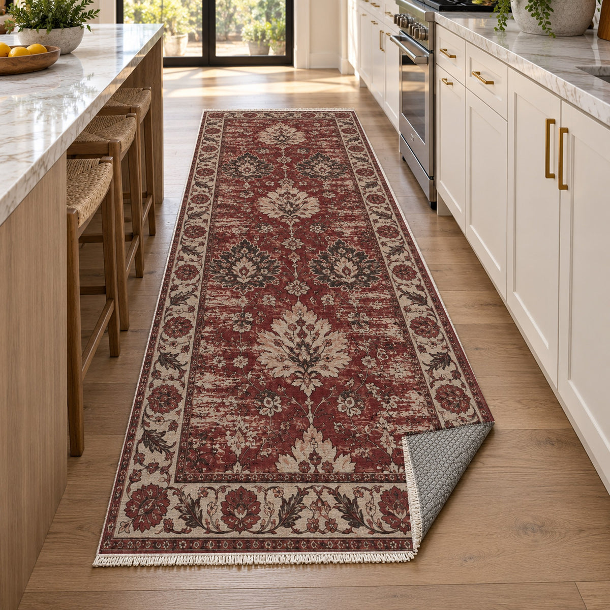 Erased Palmettes Burgundy Red Vintage Washable Rug — new york kitchen runner