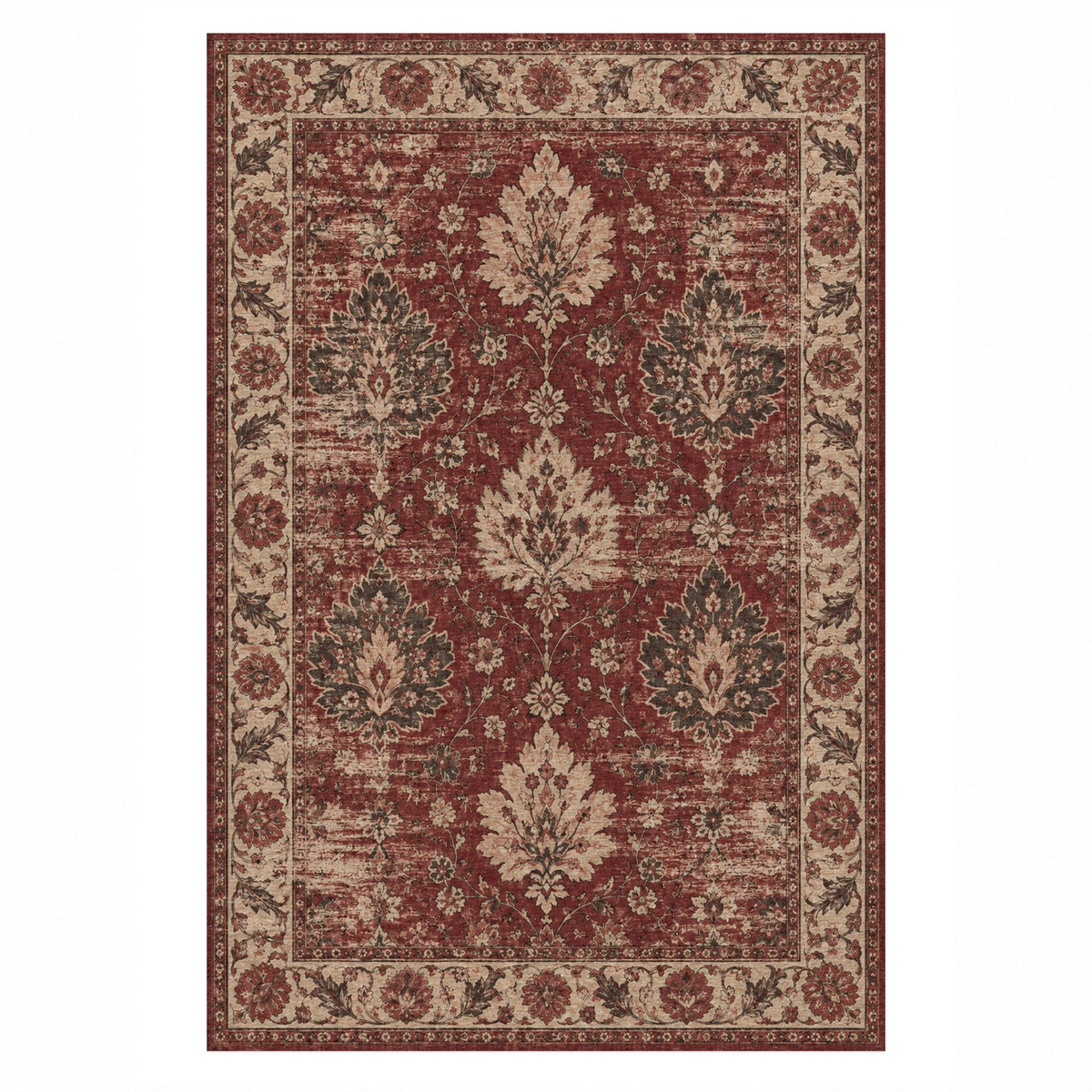 Erased Palmettes Burgundy Red Vintage Washable Rug — top view