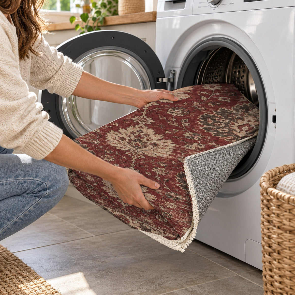 Erased Palmettes Burgundy Red Vintage Washable Rug — washing machine