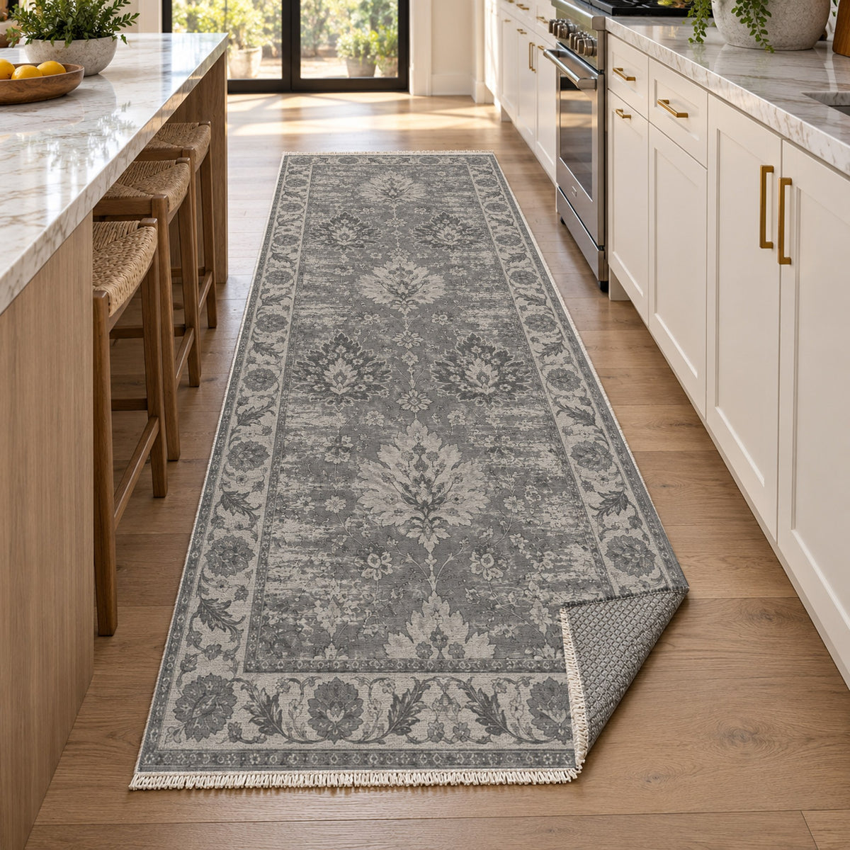 Erased Palmettes Charcoal Silver Vintage Washable Rug — new york kitchen runner