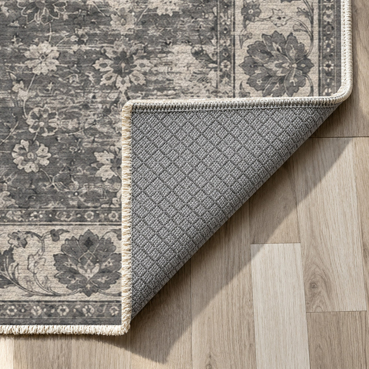 Erased Palmettes Charcoal Silver Vintage Washable Rug — backing close up