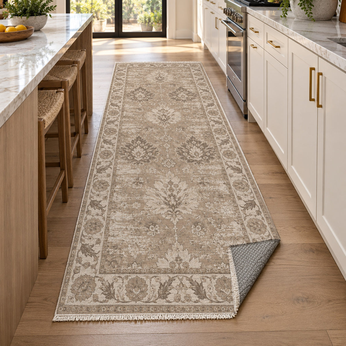 Erased Palmettes Ivory Taupe Vintage Washable Rug — new york kitchen runner