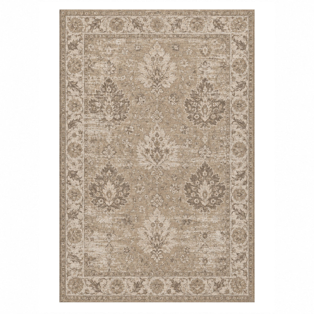 Erased Palmettes Ivory Taupe Vintage Washable Rug — top view