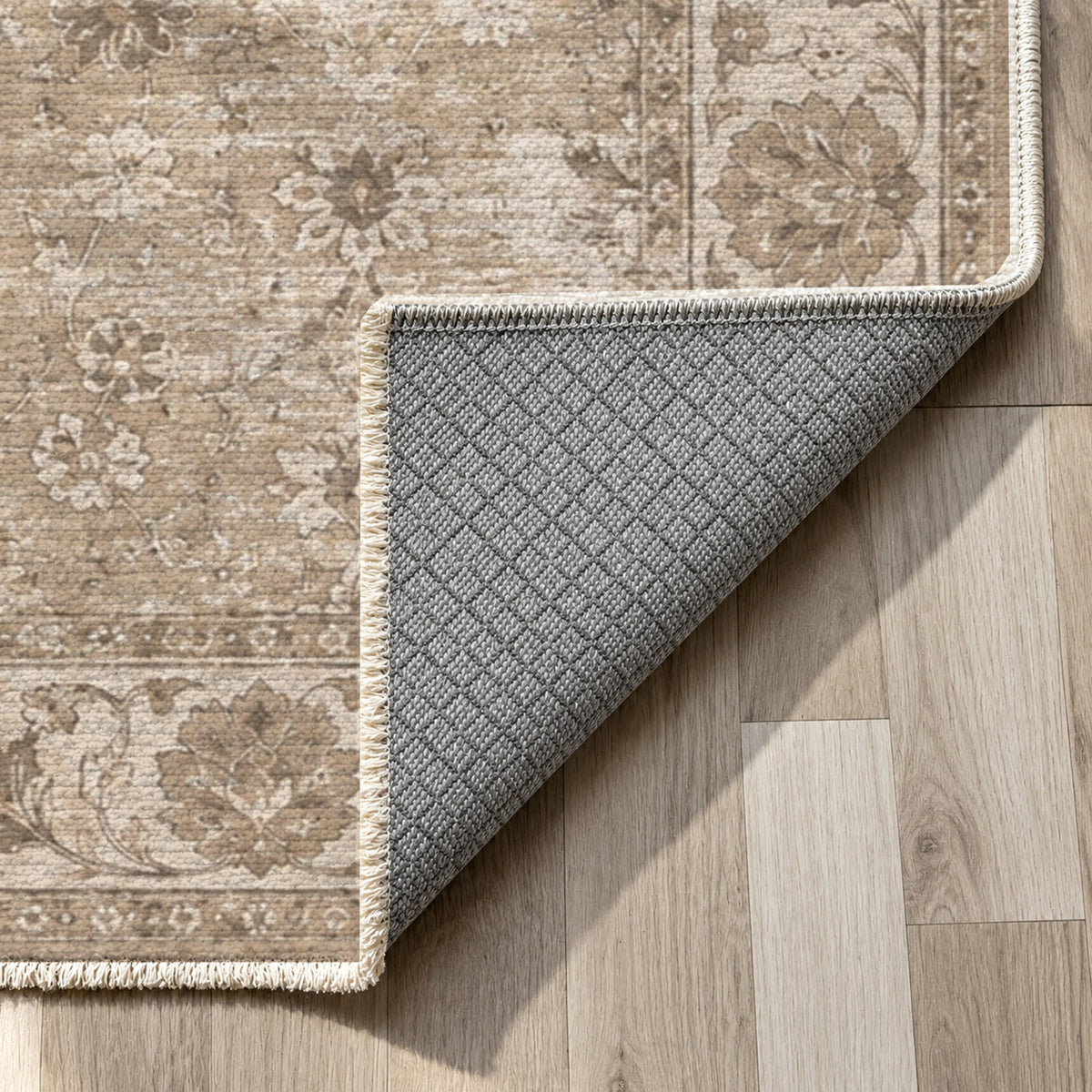 Erased Palmettes Ivory Taupe Vintage Washable Rug — backing close up