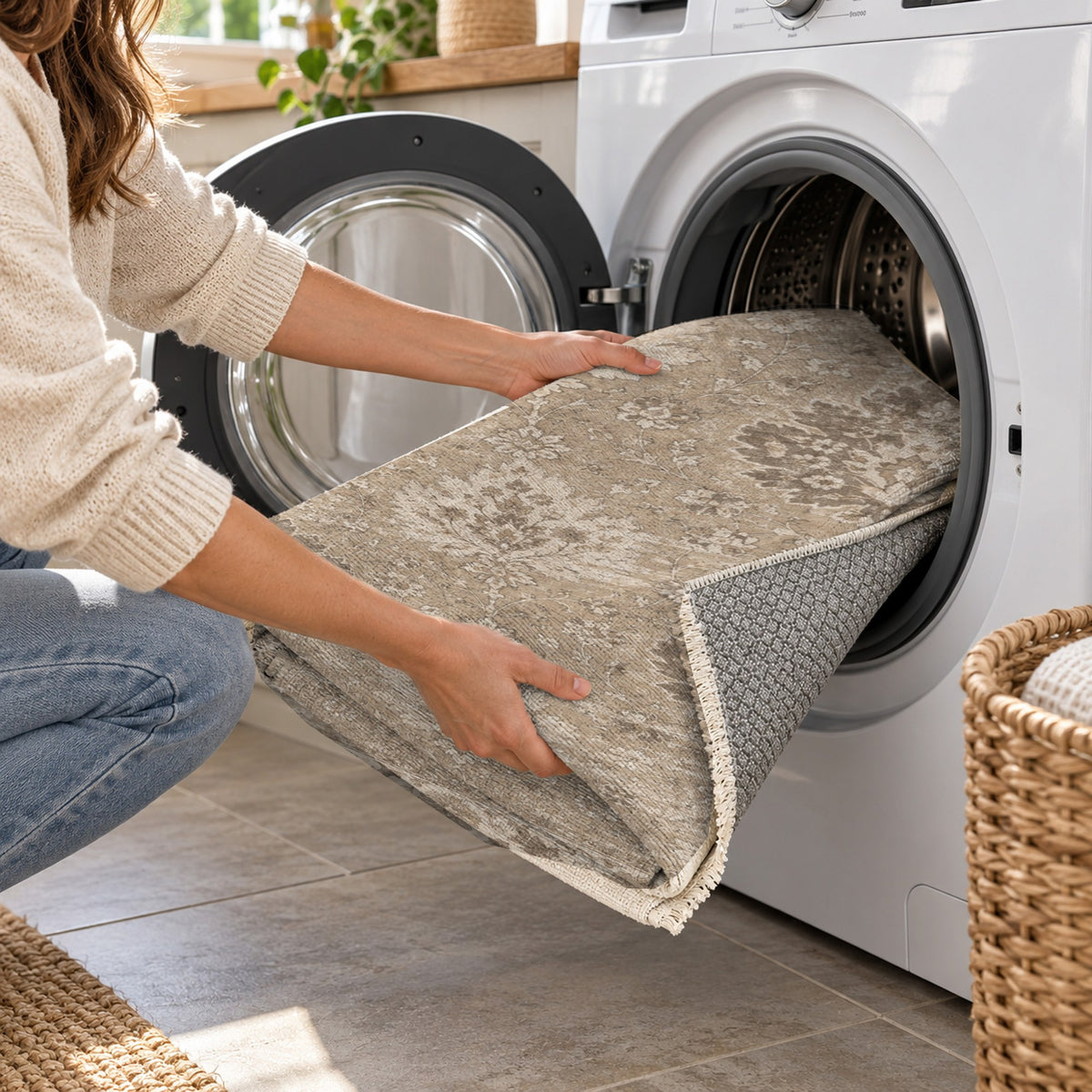 Erased Palmettes Ivory Taupe Vintage Washable Rug — washing machine
