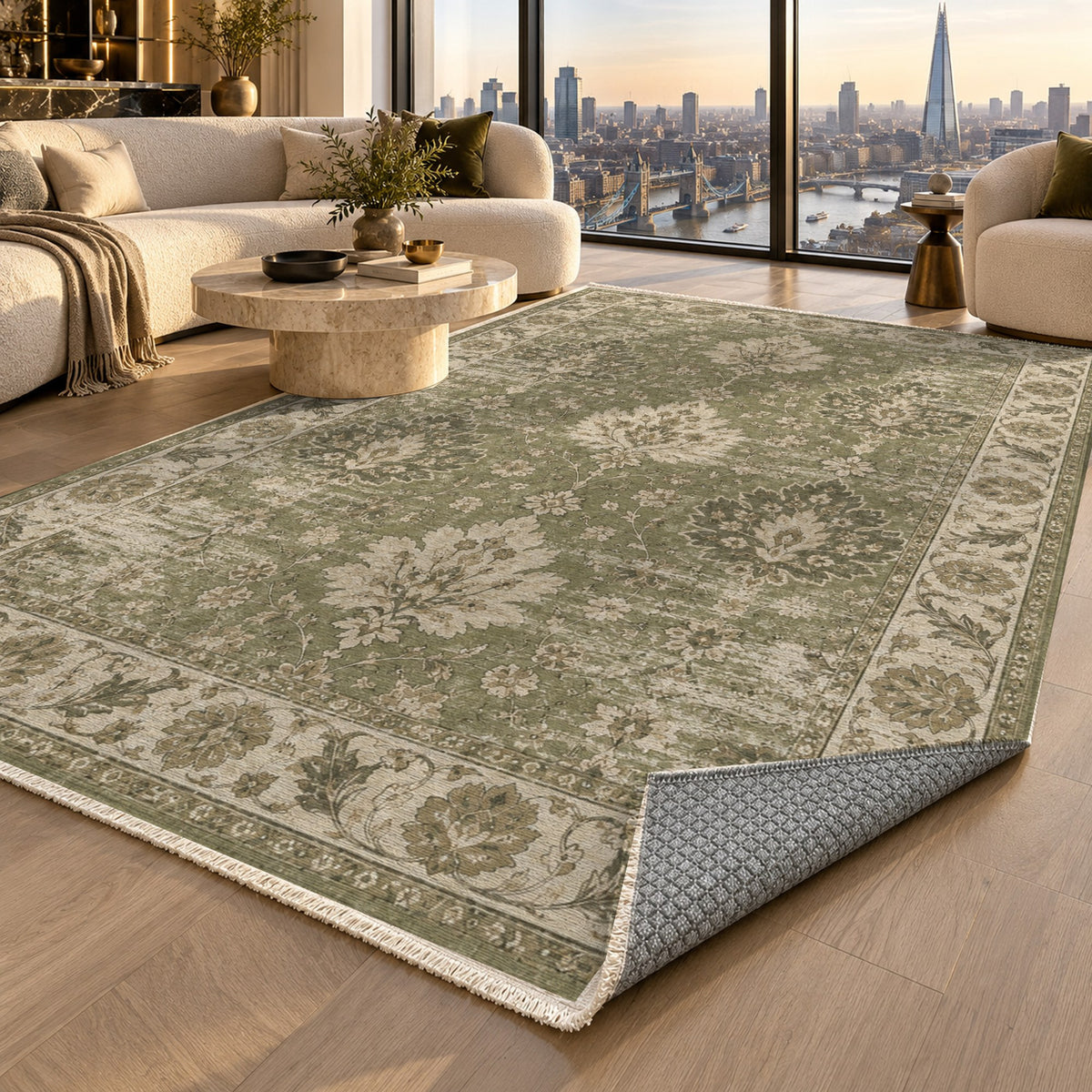 Erased Palmettes Olive Green Vintage Washable Rug — london luxury living