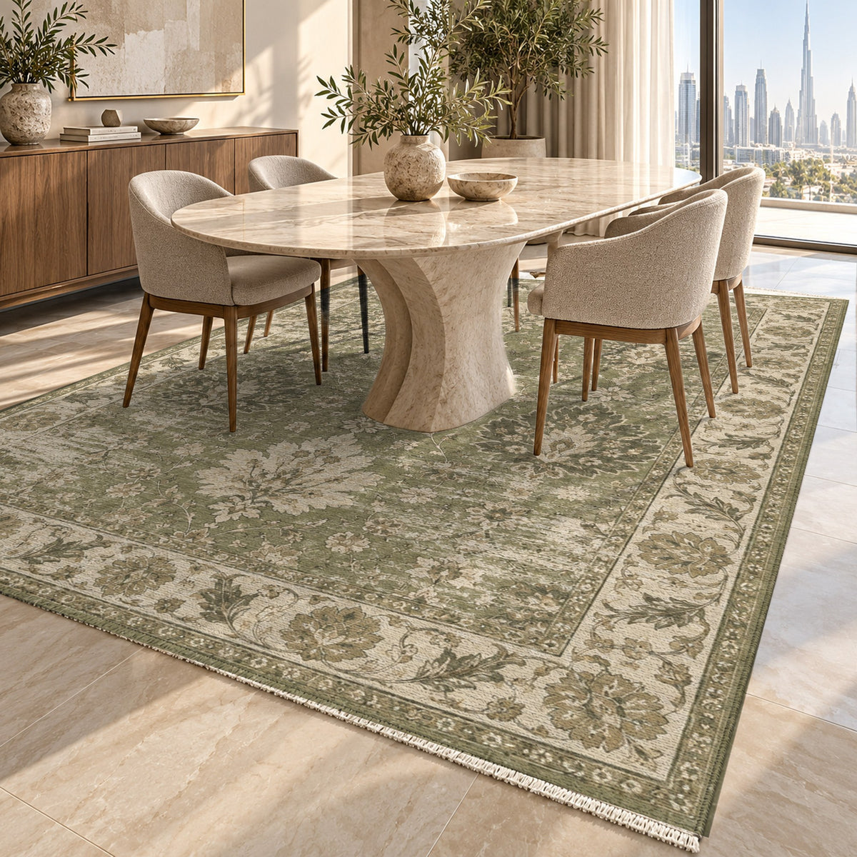 Erased Palmettes Olive Green Vintage Washable Rug — dubai dining