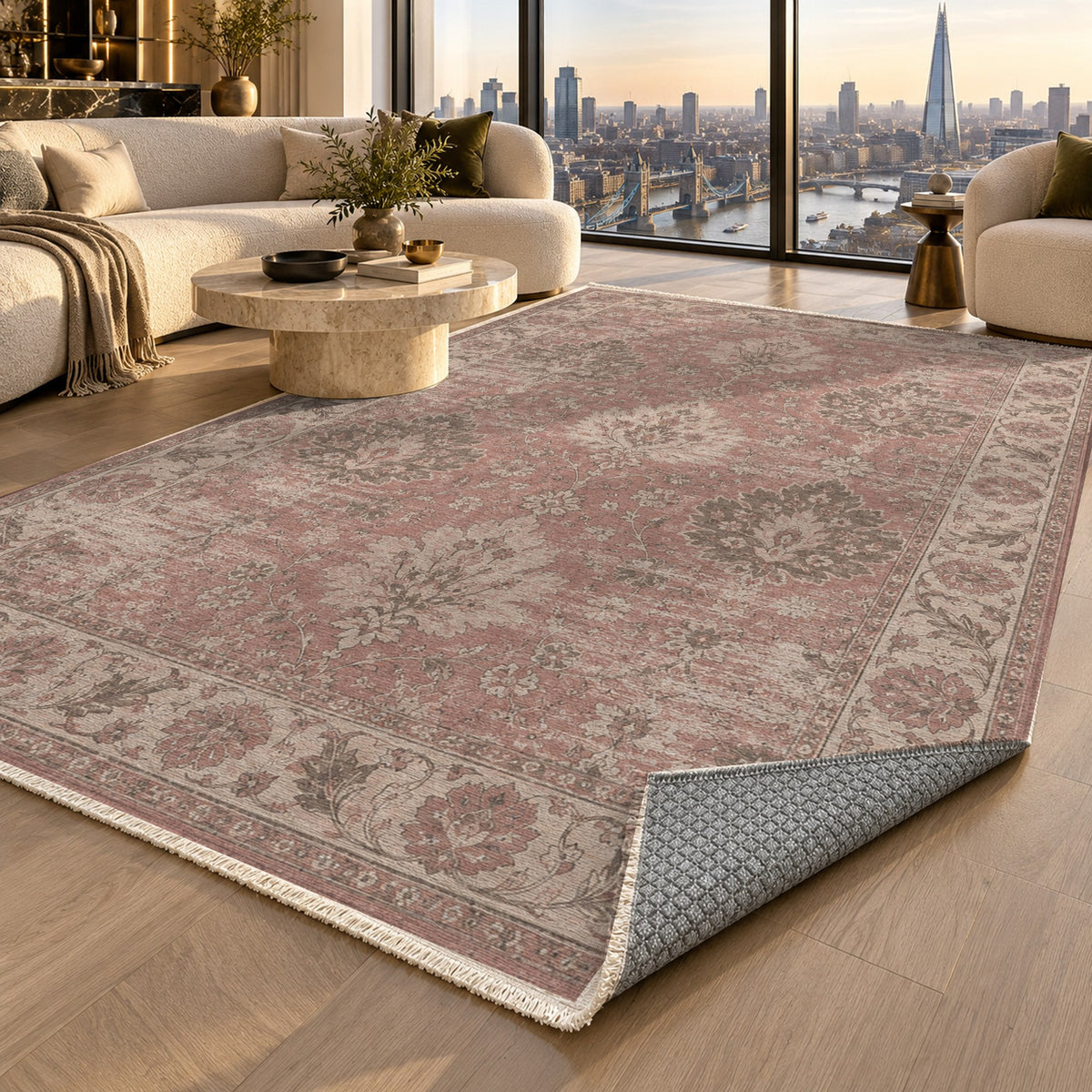 Erased Palmettes Rose Pink Vintage Washable Rug — london luxury living
