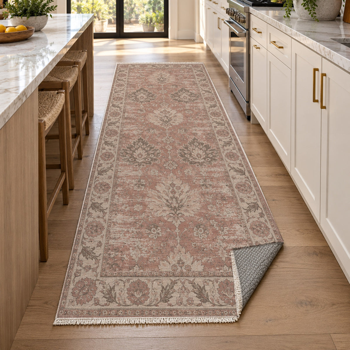 Erased Palmettes Rose Pink Vintage Washable Rug — new york kitchen runner