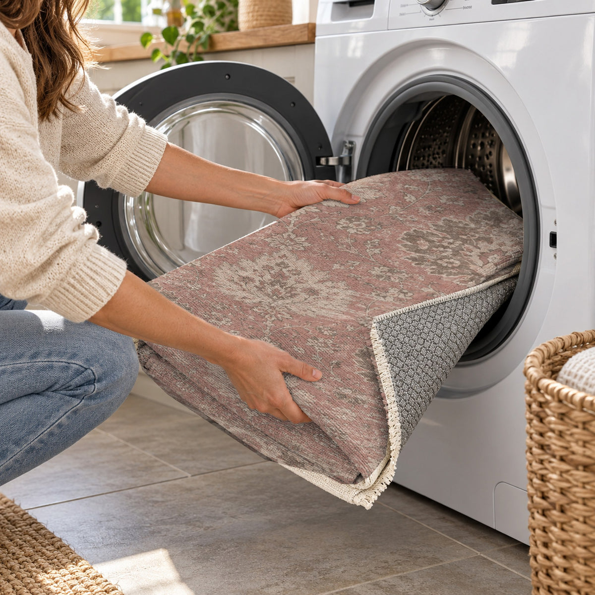 Erased Palmettes Rose Pink Vintage Washable Rug — washing machine