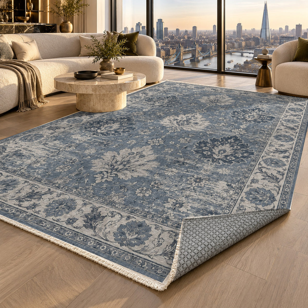 Erased Palmettes Slate Blue Vintage Washable Rug — london luxury living