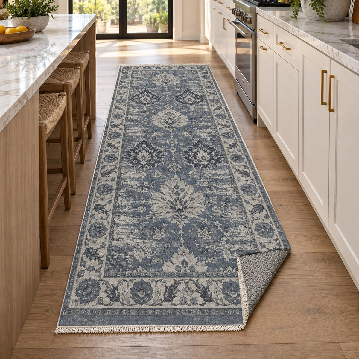 Erased Palmettes Slate Blue Vintage Washable Rug — new york kitchen runner