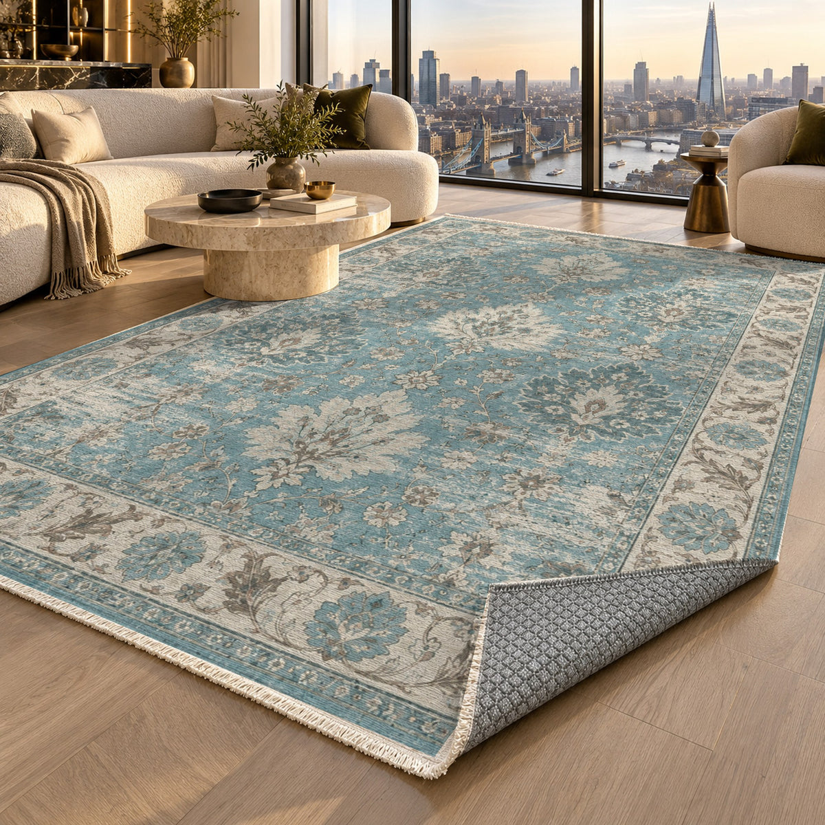 Erased Palmettes Turquoise Blue Vintage Washable Rug — london luxury living