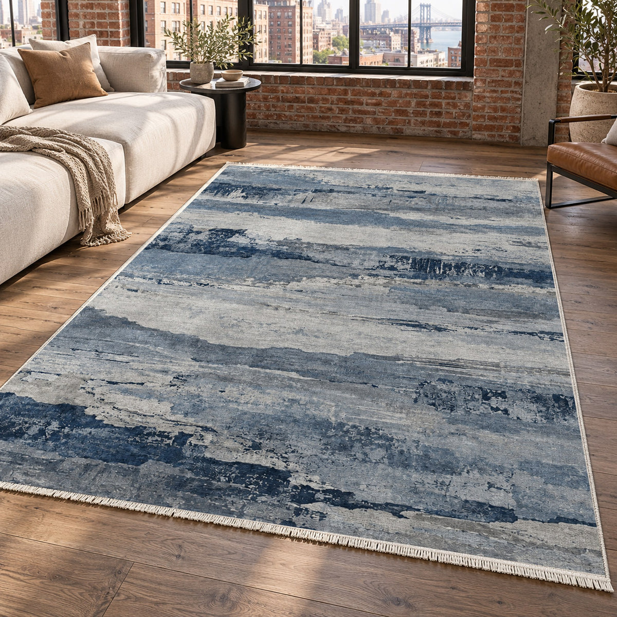 Eroded Strata Blue Grey Abstract Washable Rug — new york living