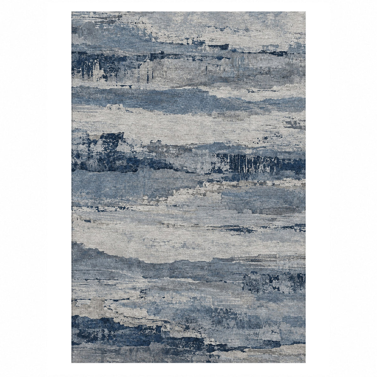 Eroded Strata Blue Grey Abstract Washable Rug — top view