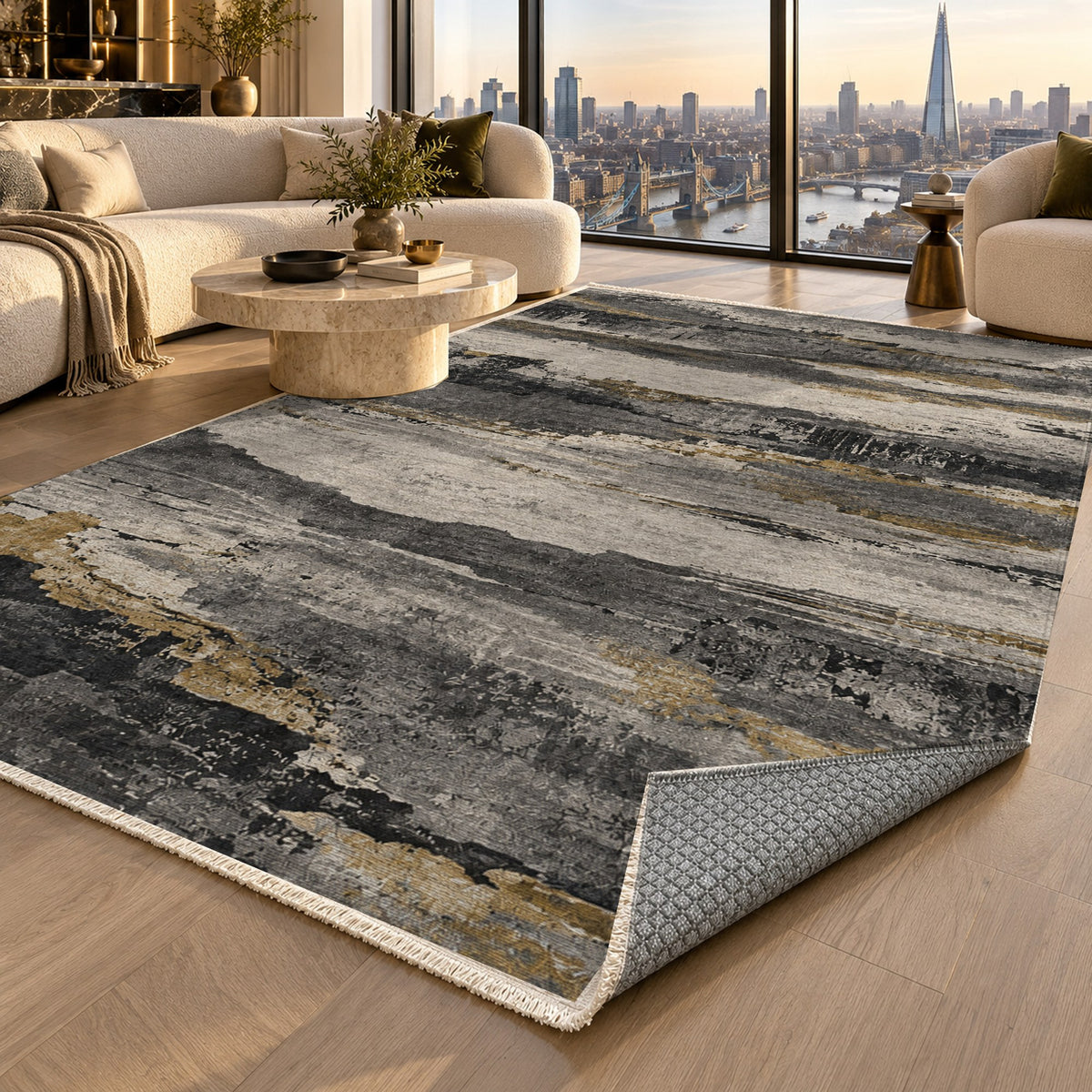Eroded Strata Charcoal Gold Abstract Washable Rug — london luxury living