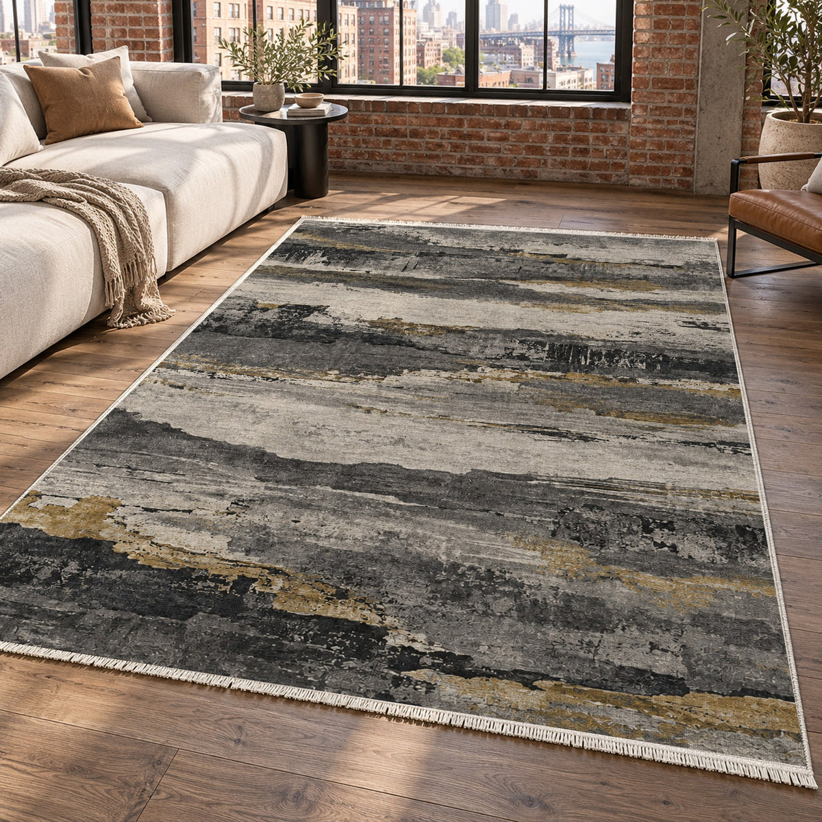 Eroded Strata Charcoal Gold Abstract Washable Rug — new york living