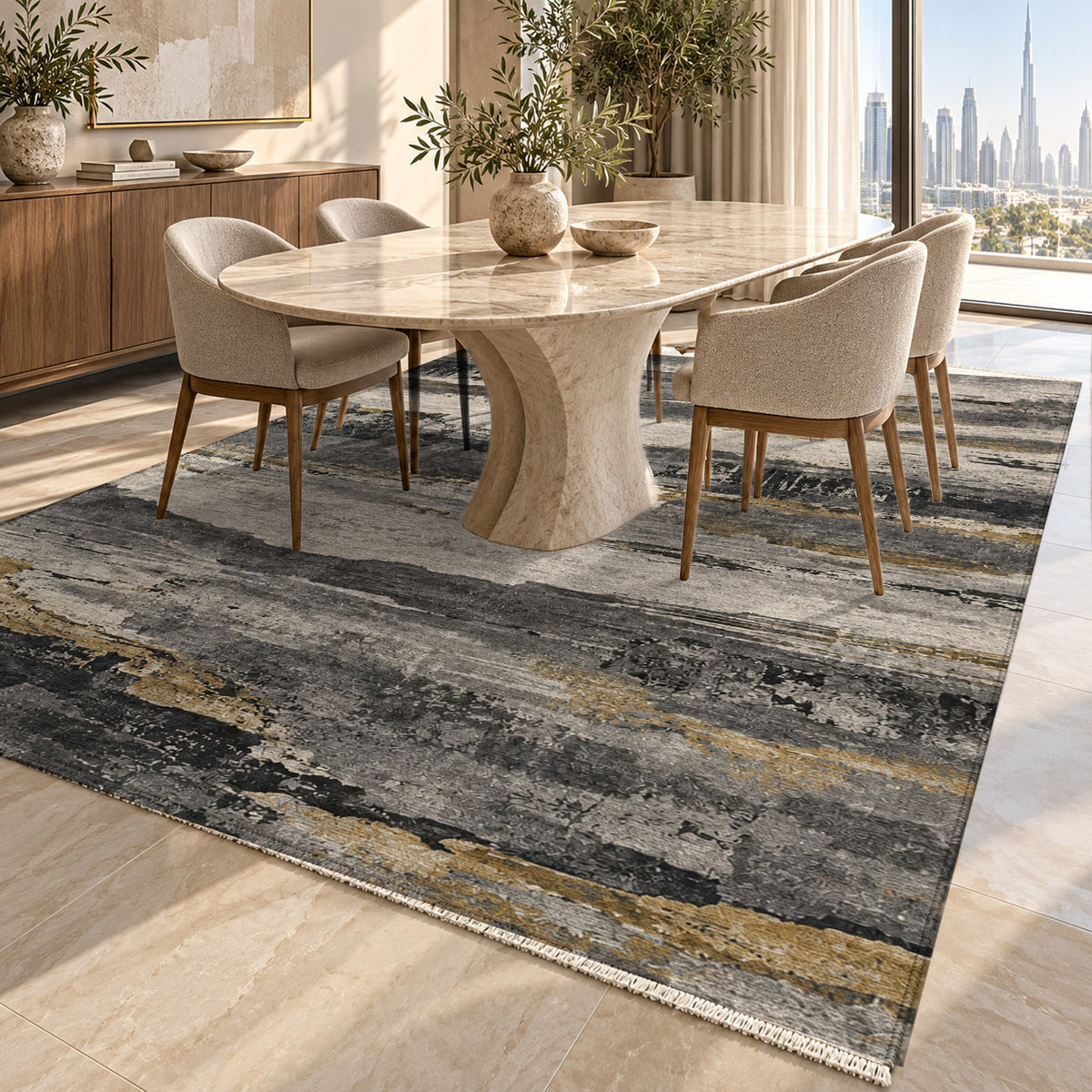 Eroded Strata Charcoal Gold Abstract Washable Rug — dubai dining