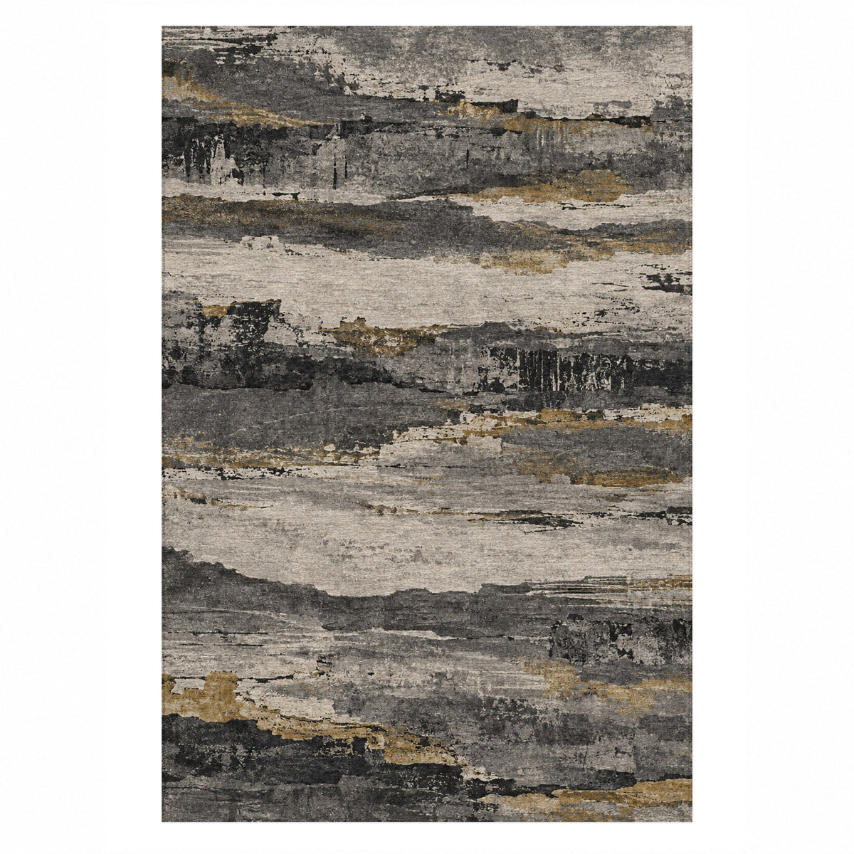 Eroded Strata Charcoal Gold Abstract Washable Rug — top view