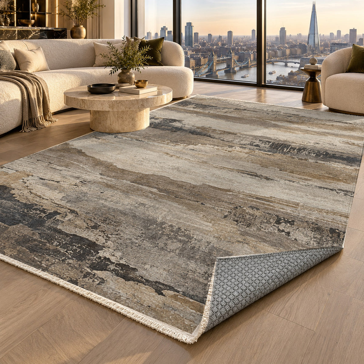 Eroded Strata Ivory Taupe Abstract Washable Rug — london luxury living
