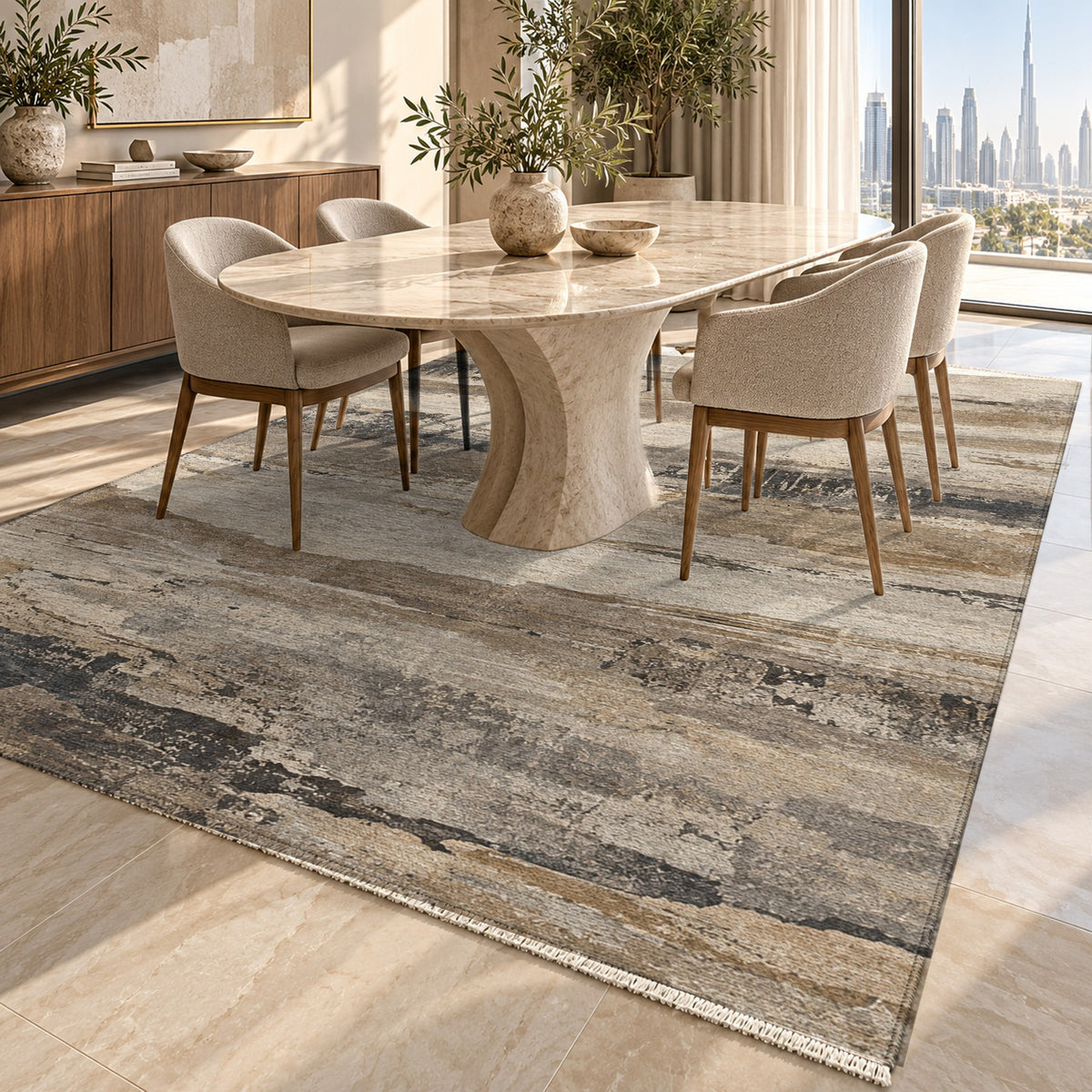 Eroded Strata Ivory Taupe Abstract Washable Rug — dubai dining