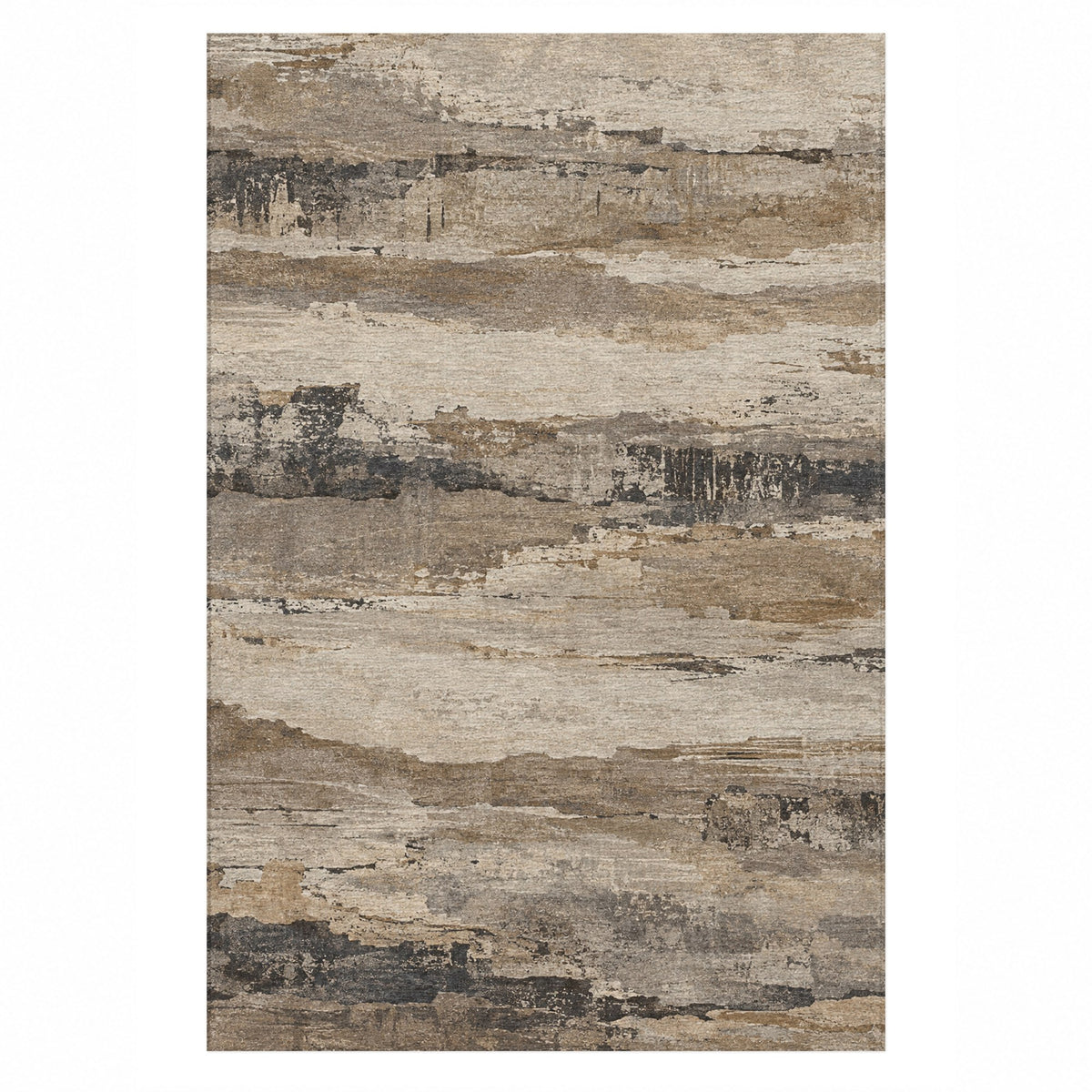 Eroded Strata Ivory Taupe Abstract Washable Rug — top view