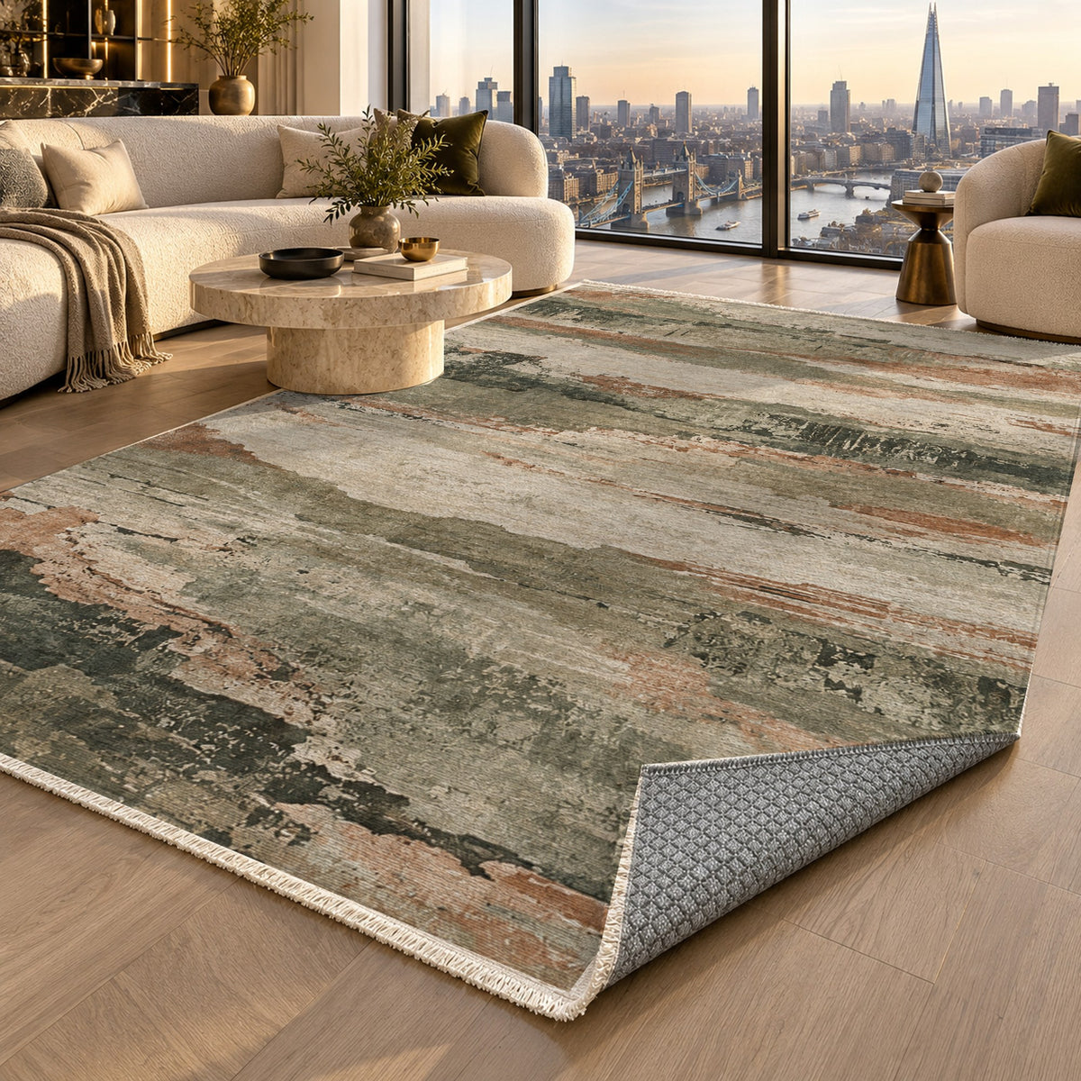 Eroded Strata Sage Clay Abstract Washable Rug — london luxury living