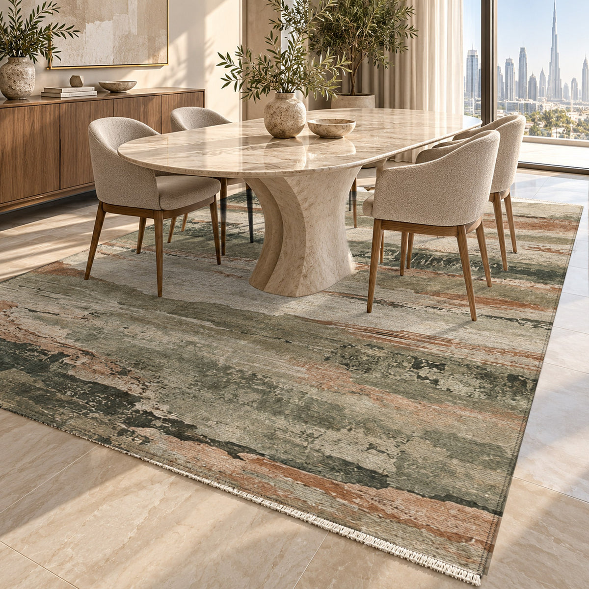 Eroded Strata Sage Clay Abstract Washable Rug — dubai dining