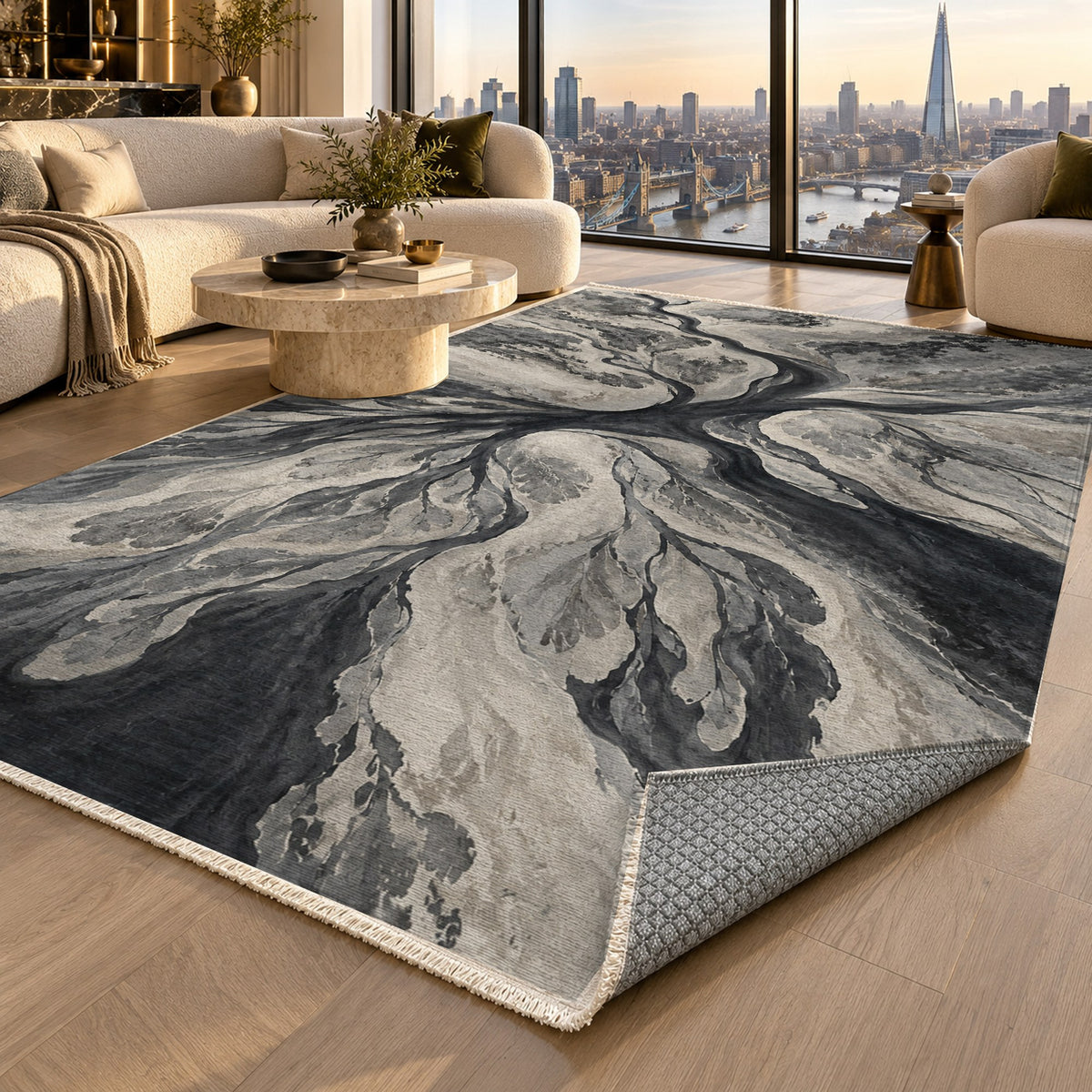 Estuary Fans Charcoal Abstract Washable Rug — london luxury living